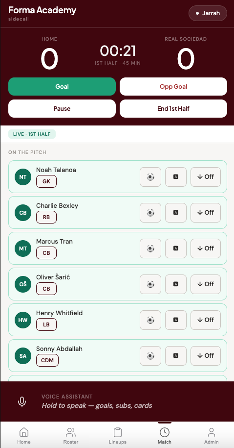sidecall live match day scoreboard