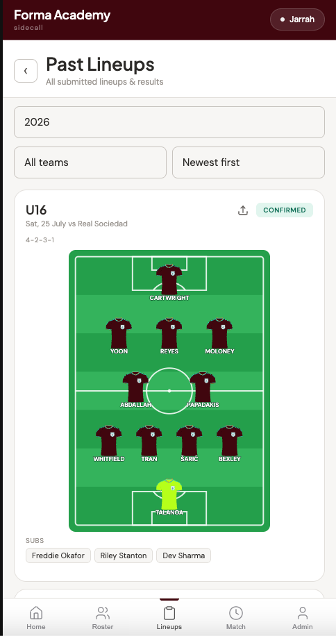sidecall confirmed lineup on the pitch